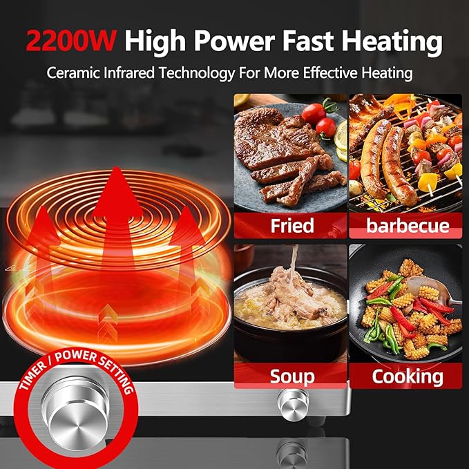 Electric Cooktop Hot Plate, 2200W 110V Electric Single Burner with 2H Timer, Adjustable Temperature for Countertop Cooking, Portable Stove Top Infrared Cooker, Compatible for All Cookwares