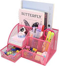 Boutilon Mesh Desk Organizer Desktop Office Supplies Stationary Organizer with 6 Compartments and 1 Drawer Multi-Functional Caddy Pen Holder for Home Office School Desk Decor(Rose Red)
