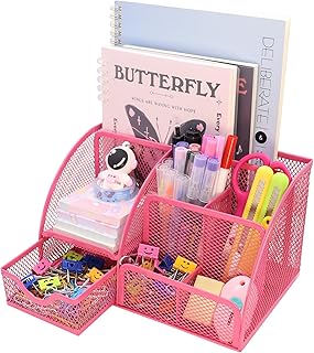 Boutilon Mesh Desk Organizer Desktop Office Supplies Stationary Organizer with 6 Compartments and 1 Drawer Multi-Functional Caddy Pen Holder for Home Office School Desk Decor(Rose Red)