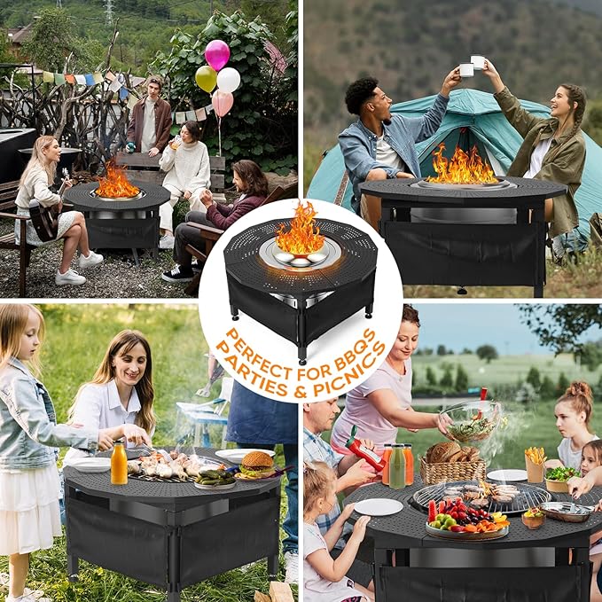 Fire Pit Surround Tabletop for Solo Stove Bonfire – 40" Powder-Coated Carbon Steel Outdoor Fire Pit Table, Compatible with 15"-21" Fire Pits, Tabletop Fire Pit for BBQ, Picnic, Patio