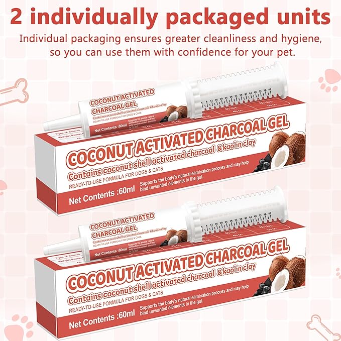 Activated Charcoal Paste for Dogs Cats, Puppy & Pet Poisoning Kit, Toxin Absorber for Pet Emergency, Aids Digestive System Recovery, 2 Tubes, 60 ml Each