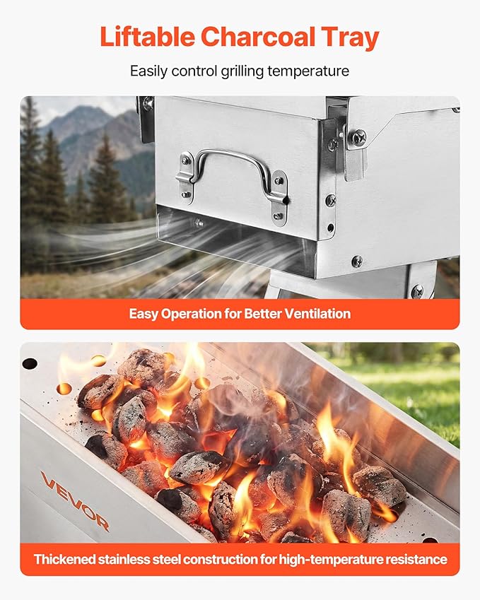 VEVOR Foldable Charcoal Grill, 250 sq.in. Portable Charcoal Barbecue Grill with Liftable Charcoal Tray & Side Tables, Brushed Stainless Steel BBQ Cooking Grills for Outdoor Camping Backyard Parties