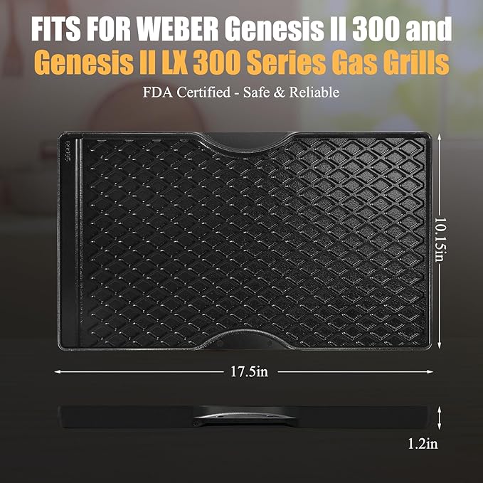 Grill Griddle for Weber Spirit 200 Series, 17.5" Porcelain-Enameled Cast Iron Reversible Grill Plate for Weber Spirit E210 E220 S210 S220 & Spirit II E210 E220, Nonstick Flat Top BBQ Griddle Pan