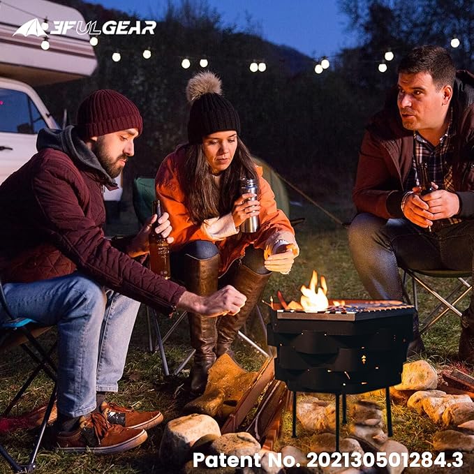 Fire Pit, Halo Fire Place Outdoor Portable Wood Fire Pits Includes A Grill, A Bag, Hexagonal Fireplace for Patio Camping Gift (Hot-Rolled Steel Firepit with a Grill, Medium)