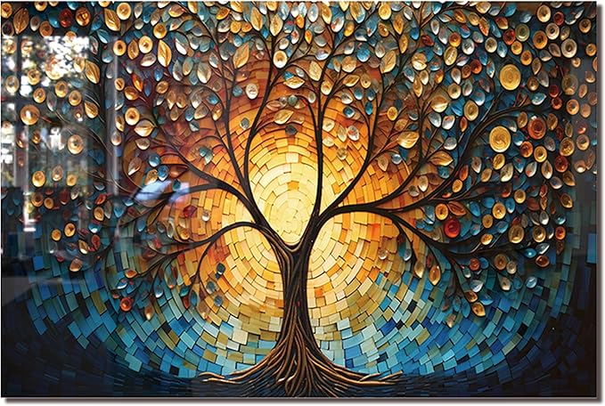 fzxwyishu Tree of Life,Tempered Glass Backsplash For Kitchen Behind Stove,Easy to Clean Kitchen Sink Cover Splash Guard, Home Kitchen Décor (blue, 30"x20"(76.2x50.8cm))