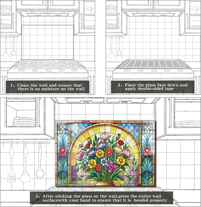 fzxwyishu Tempered Glass Backsplash for Kitchen,Stove Splashback Protector Mosaic Window Design | Heat-Resistant Splash Board, Kitchen Wall Decoration