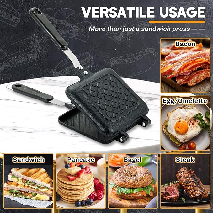 NATGAI Sandwich Maker Pan, Grilled Panini Press with Non-Stick Double Sided Flip Frying Pan, Stovetop Toasted Cheese Sandwich Maker for Home Kitchen Breakfast Camping, 5.9" L x 14" H