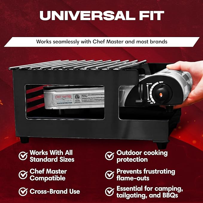 Chef Master Butane Stove Cover - Universal Fit for Any Standard Size - Premium Black Steel Collapsible Camp Wind Guard - Camping Windscreen & Grill Wind Blocker Panel - Outdoor Cooking Accessory 90278
