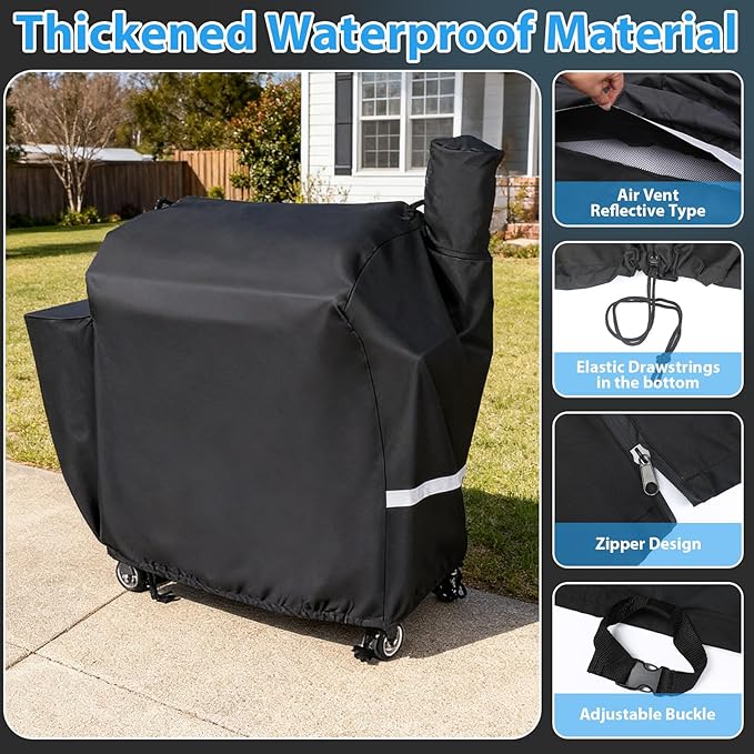 Utheer Grill Cover for recteq Flagship 1100/1600, RT-1250, RT-700 and RT-680 Wood Pellet Grills - Heavy Duty 600D Waterproof Fabric Grill Cover with Elastic Drawstrings, Black