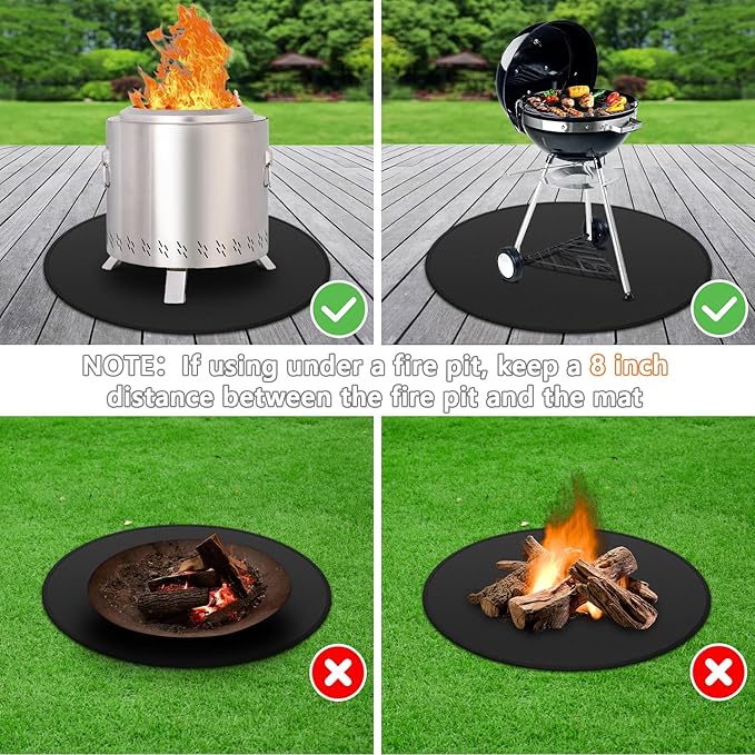 Protebox 48'' Fire Pit Mat for Solo Stove Bonfire, Round Fireproof Under Grill Mat, Oil-Proof Waterproof BBQ Pad for Deck Patio Grass Outdoor Grill Accessories, Portable and Reusable, Glossy Black