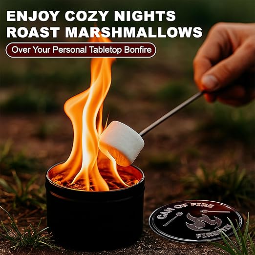 [2-Pack] Can of Fire Tabletop Mini Bonfires – 2–3 Hour Burn Time – Made from Recycled Wood Chips & Paraffin Wax – Includes Safety Coasters – Reusable Flame for Camping, Ambiance, and Emergency Heat