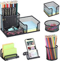 Desk Organizers set with Mesh Pen Holder Cup, 3 Compartments Black Office Supply Organizer Paper Clips Holder for Office Desk Accessories (6 Piece set, Black)
