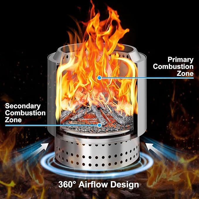 15 inch Smokeless FirePit with Waterproof Bag & Poker, Stainless Steel Outdoor Smokeless Fire Pit, Wood Burning Fire Pit for Patio, Camping, Backyard