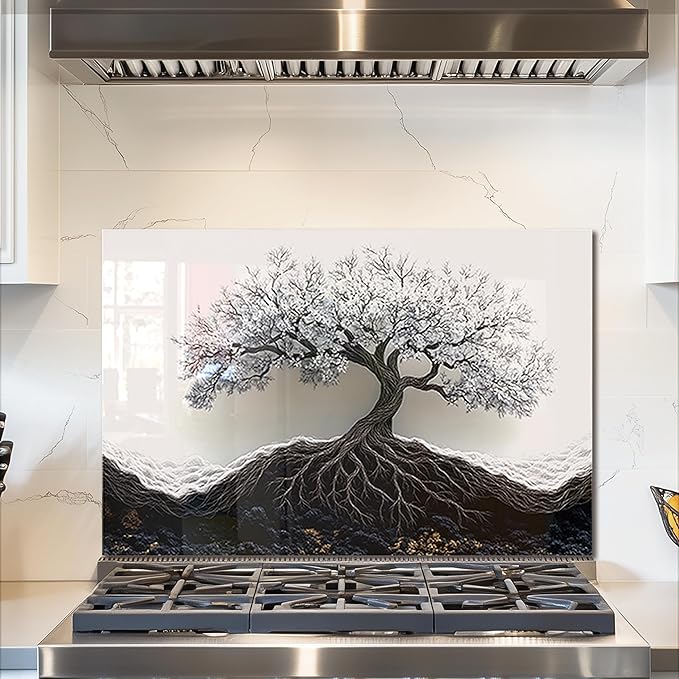 fzxwyishu Tree of Life,Tempered Glass Backsplash For Kitchen Behind Stove,Easy to Clean Kitchen Sink Cover Splash Guard, Home Kitchen Décor (White, 30"x20"(76.2x50.8cm))