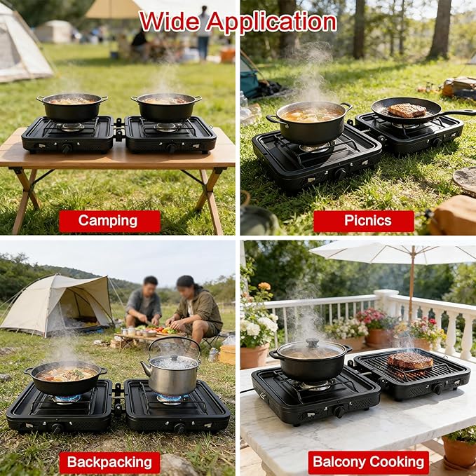 2 Burner Camping Stove,Portable Camp Stove with 17,000 BTU Adjustable Burners and Carrying Bag,Folding Camping Stove for Outdoor Cooking Backpacking BBQ Grill