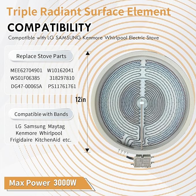 Upgraded MEE62704901 W10162041 318297810 12" Triple Radiant Surface Element Compatible with LG Kenmore Whirlpool Electric Range