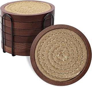 Mckanti 6 Pack Wood Coasters for Drinks with Cotton Coasters Insert, Wooden Coasters with Holder for Coffee Table Decor, Absorbent Coasters for Kinds of Cups, 4.3 Inches