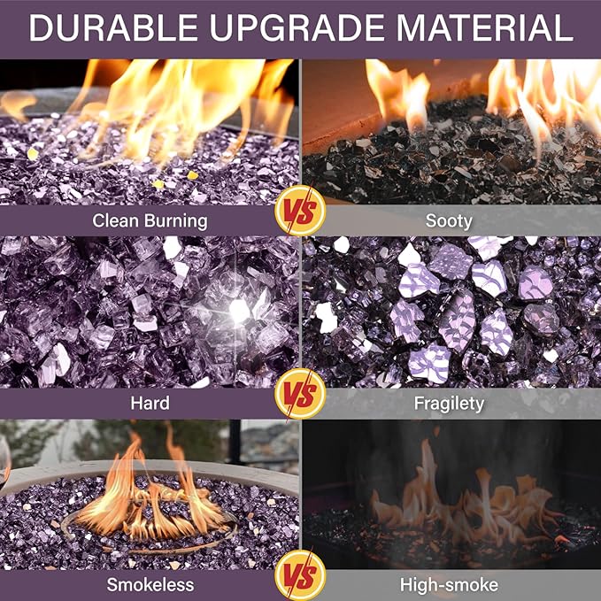 NUPICK 10 Pound Fire Glass, 1/4 Inch Reflective Fire Pit Glass, Tempered Firepit Glass Rock for Propane or Natural Gas, Glass Rocks for Fire Pit Table, Fireplace Glass for Landscaping, Violet