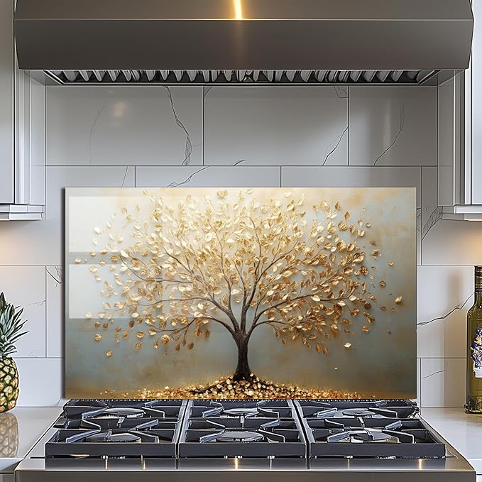 Evgosm Tempered Glass Backsplash for Kitchen, Tree of Life Stove Splashback, Glass Backsplash, Used for Kitchen Wall Protection and Decoration, Easy to Install and Clean. (30x18'')