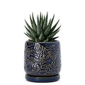 D'vine Dev 4 Inch Embossed Leaves Stoneware Planter Pot with Drainage Hole and Saucer, Midnight Blue, 27-A-Z-3