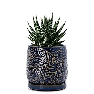 D'vine Dev 4 Inch Embossed Leaves Stoneware Planter Pot with Drainage Hole and Saucer, Midnight Blue, 27-A-Z-3
