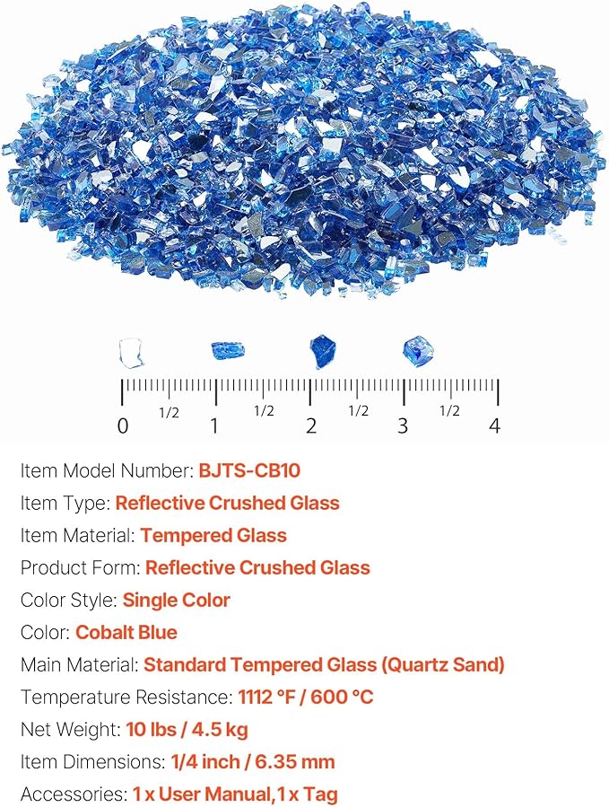 VEVOR Fire Glass, 10 lbs, Cobalt Blue, 1/4 Inch High-Temperature Resistant Reflective Glass Rocks, Smokeless Fire Pit Stones for Outdoor Table & Landscaping