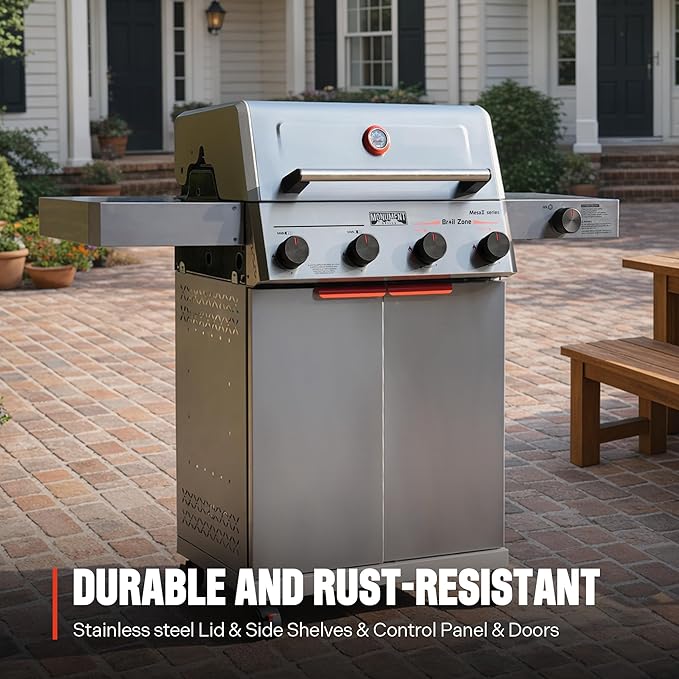 Monument Grills 4+1 Burner Stainless Steel 525 sq.in Propane Gas Grill, 49,000 BTU, Outdoor Mesa 2 Grill with Broil Zone, Side Burner, Foldable Side Shelf, Assembles in 30 Mins, with Trash Can & Rack