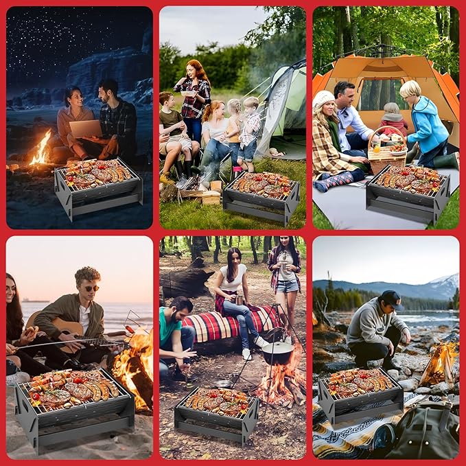 12" Foldable Portable Camping Charcoal Grill - Rust-Resistant Compact Tabletop Grill with Detachable Grate & Quick Assembly for Outdoor Cooking BBQ Smokes Beach Patio Backyard
