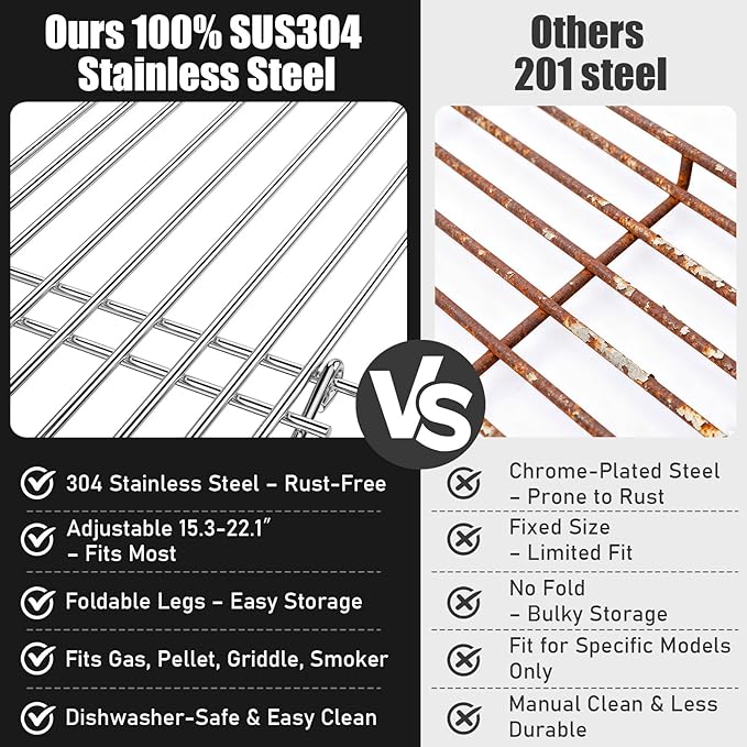 Universal Grill Rack for Gas Grill & Pellet Smoker, Adjustable Warming Rack Upper Rack with Foldable Legs, Stainless Steel Expandable 15.3–22.1 in, Fits Griddle & Smoker Grills