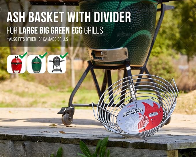 Replacement Kamado Classic Joe Charcoal Basket, Lump Ash Basket Fits Big Green Egg Grill, Large - Stainless Steel Charcoal Holder with Divider. Smoking Accessories also for other 18" Charcoal Grills