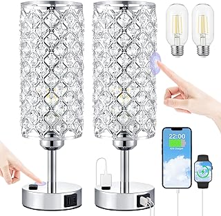 Hong-in Crystal Lamp Touch Control Set of 2, Sliver Crystal Table Lamps with USB C+A Ports & AC Outlet, 3-Way Dimmable Nightstand Touch Lamp, Modern Bedside Table Lamp for Bedroom(Bulbs Included)