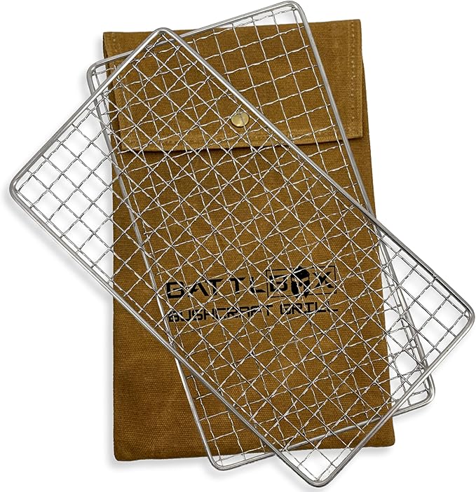 BattlBox Bushcraft Grill Stainless Steel Campfire Cooking Grate (2-Pack) Portable Camping Grate for Fire Cooking BBQ - Canvas Carrying Bag - Welded Mesh Grill Grate - Backpacking, Camping, Hiking