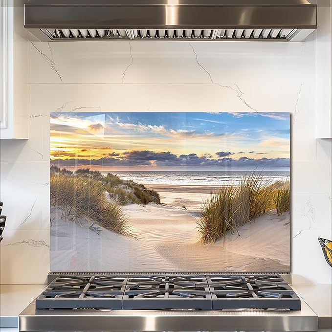 fzxwyishu Tempered Glass Backsplash for Kitchen,Stove Splashback Protector Beach Scenery Design | Heat-Resistant Splash Board, Kitchen Wall Decoration (Art Deco 1, 30"x20"(76.2x50.8cm))