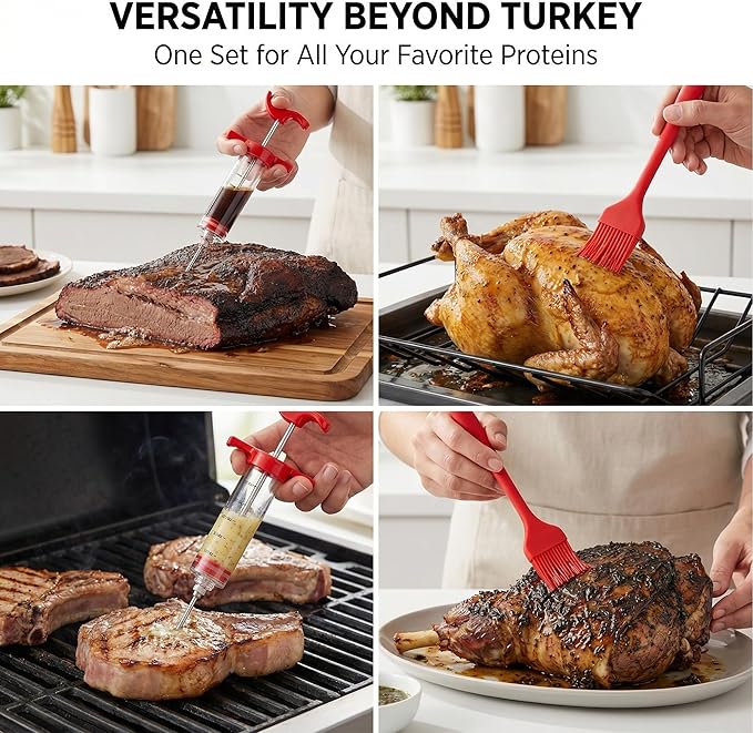 Li&Zhao Meat Injector Syringe Kit - 1-Oz Capacity with 3 Stainless Steel Needles, Cleaning Brush, Silicone Basting Brush-Essential Turkey Baster Syringe for Moisture-Infused BBQ, Smoked Meats, Pork
