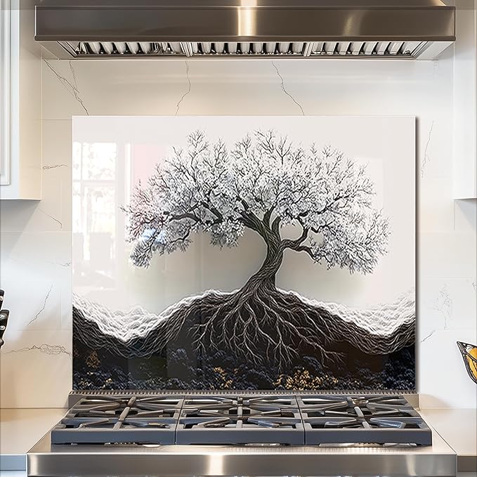 fzxwyishu Tree of Life,Tempered Glass Backsplash For Kitchen Behind Stove,Easy to Clean Kitchen Sink Cover Splash Guard, Home Kitchen Décor (White, 30"x24"(76.2x60.96cm))