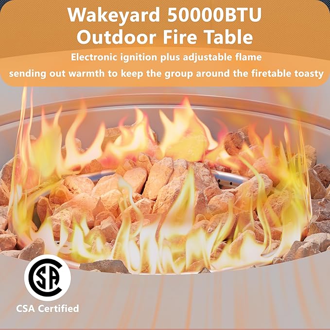 32.5 inch Round Propane Fire Pit, 50000 BTU Gas Fire Pit Table with Steel Lid, Waterproof Cover, 10ft Gas Hose & Gas Tank Base, Lava Rocks, Grey