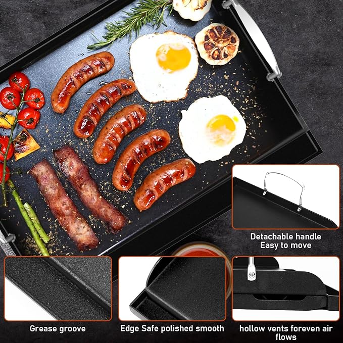 Griddle for Gas Grill, Cast Iron Griddle for Gas Grill & Stove Top, 17"x13" Flat Top Griddle Nonstick Grill Griddle Plate for Charcoal Outdoor Camping Cooking for Blackstone Style Flat Top Grill