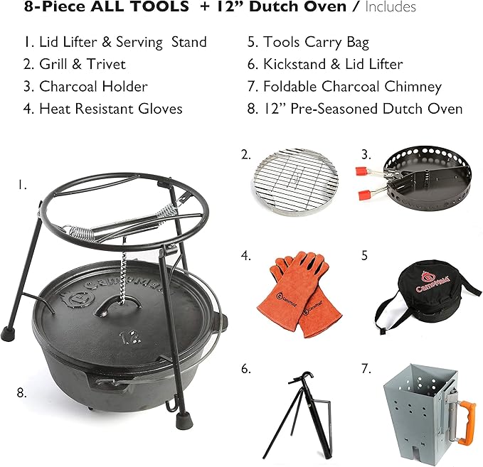 CampMaid Outdoor Cooking Set - Dutch Oven and Tools Set - Charcoal Holder & Cast Iron Grill Accessories - Camping Grill Set - Outdoor Cooking Essentials - Camp Kitchen Equipment - (8 Piece Set)