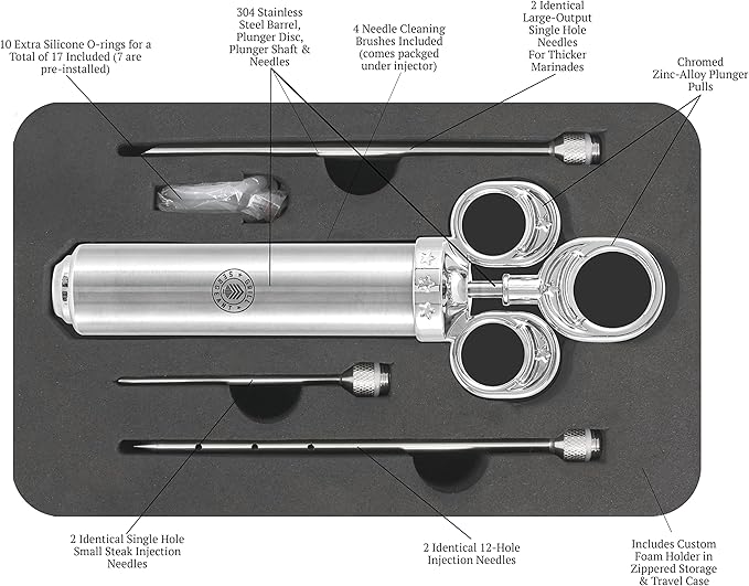 GRILL SERGEANT Professional Meat Injector, Marinade Syringe Set, Forever Guarantee, Zippered Storage & Travel Case, 304 Stainless Steel, No Aluminum, 6 Needles, 2.5 oz Capacity, 4 Cleaning Brushes