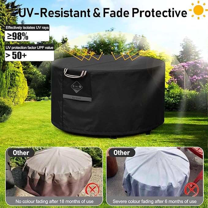 QH.HOME Fire Pit Cover Round Super Waterproof, 48" D X 24" H Outdoor Round Firepit Cover 600D Strong Tear Resistant, UPF 50+ Fire Pit Covers Premium Fading Resistant for Outdoor Fire Pit - Black