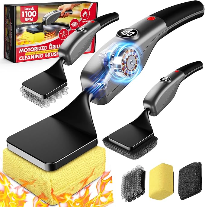 Reciprocating Electric Grill Brush, Fire-Resistant BBQ Grill Brush, Bristle-Free Grill Brush for Outdoor Grill, Grill Cleaner with 3 Heads, Cordless Grill Cleaning Brush with 3600 mAn, Silver