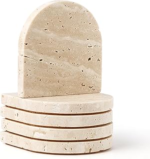Marble Coaster for Drinks Set of 5 Natural Travertine Coasters for Home Decor Coffee Table, Modern Style Stone Cup Mat for Housewarming Party Hotel Bar Christmas Anniversary Present Beige(DL020)