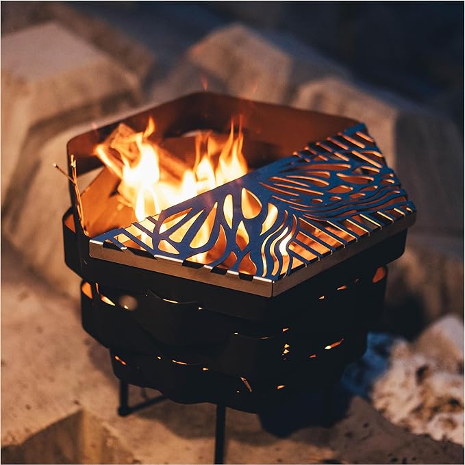 Fire Pit, Halo Fire Place Outdoor Portable Wood Fire Pits Includes A Grill, A Bag, Hexagonal Fireplace for Patio Camping Gift (Hot-Rolled Steel Firepit with a Grill, Medium)