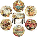 Whaline 6Pcs Fall Ceramic Coasters with Holder Pumpkin Truck Sunflower Bucket Drink Coaster Retro Farmhouse Heat-Resistant Cup Mats for Autumn Thanksgiving Home Party Tabletop Decor