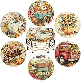 Whaline 6Pcs Fall Ceramic Coasters with Holder Pumpkin Truck Sunflower Bucket Drink Coaster Retro Farmhouse Heat-Resistant Cup Mats for Autumn Thanksgiving Home Party Tabletop Decor