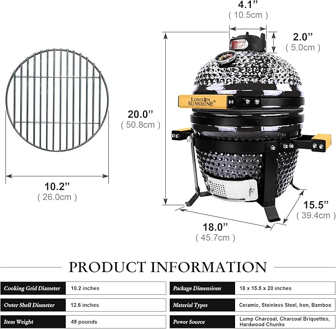 London Sunshine Ceramic BBQ Charcoal Kamado Grill 13 inch Portable Tabletop BBQ Bright Gray
