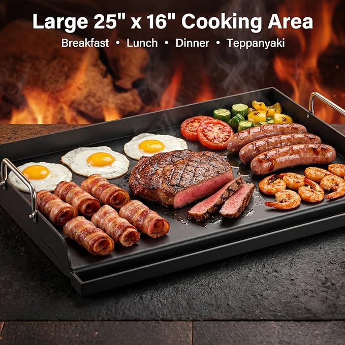 25" x 16" Cast Iron Flat Top Griddle - 23lb Heavy Duty - Oil Coating Non-Toxic - High Sidewalls Universal Grill Insert Fits Gas/Charcoal/Electric Grills for Weber Charbroil Nexgrill