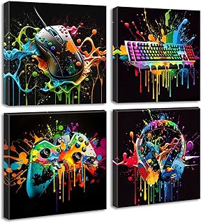 Gamer Room Decor for Boys - Game Wall Art Graffiti Gamepad Earphone Canvas Print Pictures Cool Video Gaming Poster Street Pop Men Cave Teen Bedroom Dorm Playroom Home Artwork Framed 12"X12"X4 Panels