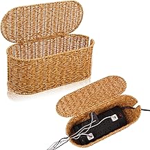 Cable Management Box, Handmade Rattan Cable Organizer, 2 Open Slots Cords Hider Box, Under Desk Cord Organizer for Computer Router USB Hub & Power Strip, Patent Pending, 15.9" x 6.5" x 6.5", Natural