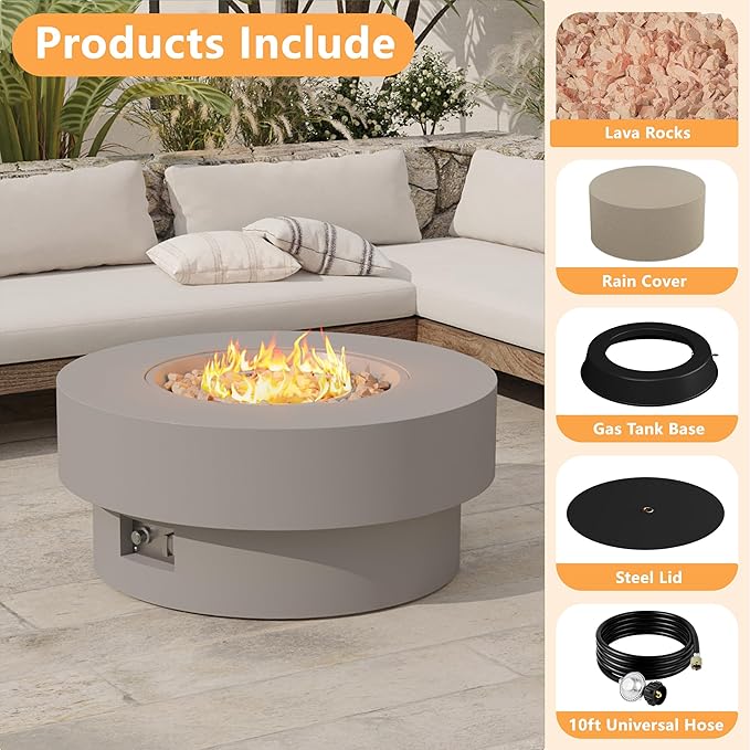 32.5 inch Outdoor Propane Fire Pit Table, 50000 BTU Round Patio Fire Pit Table with Lid, Waterproof Cover, 10ft Gas Hose & Gas Tank Base, Lava Rocks, CSA Certified, Grey